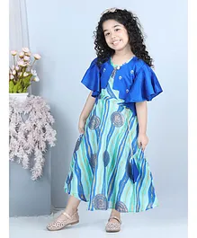 Kinder Kids Foil Printed Dress With Half Sleeves Shrug - Blue