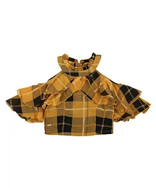 Actuel Cold Shoulder Half Sleeves Ruffle Detail Chequered Top - Mustard & Black
