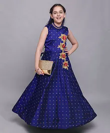 Bolly Lounge Sleeveless Taffeta Silk Jacquard Butti Flared Gown With Floral Embellishment & Applique - Blue