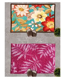 Athom Living Floral And Leaf Designed Soft Anti Slip Bath And Door Mat Pack Of 2 - Multicolour