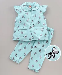 Dew Drops Cotton Half Sleeves Pyjama Set Animal Print - Blue