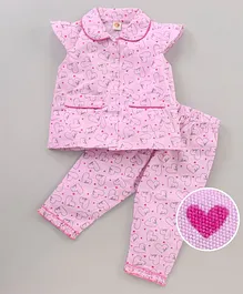 Dew Drops Cotton Half Sleeves Pyjama Set Heart Print - Pink