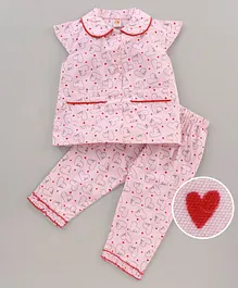 Dew Drops Cotton Half Sleeves Pyjama Set Heart Print - Peach