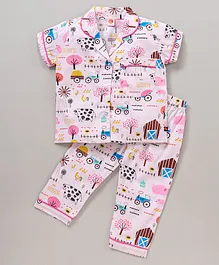 Dew Drops Half Sleeves Top & Pyjama Set Multi Print - Peach