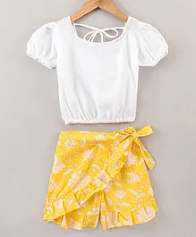 Kidcetra Puffed Sleeves Self Design Top With Floral Printed Skort - White Yellow
