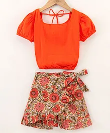 Kidcetra Puffed Sleeves Self Design Top With Floral Printed Skort - Orange