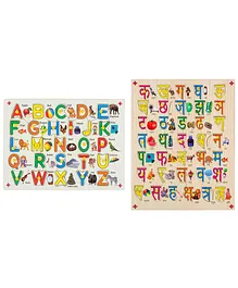 MYFA Wooden English Alphabet & Hindi Varanmala Knob & Peg Puzzle Combo - 62 Pieces