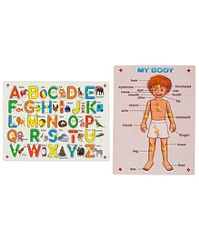 MYFA Wooden English Alphabet & Body Parts Knob & Peg Puzzle Combo - 32 Pieces