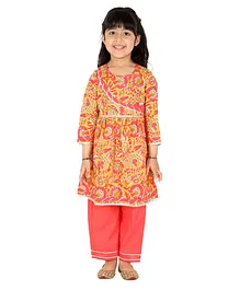 CHAKORI Three Fourth Sleeves Jaipuri Floral Printed Angrakha Kurta & Palazzo Pants Set - Peach
