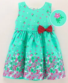Rassha Sleeveless Floral Printed Fit & Flare Dress With Bow Applique - Sea Gereen