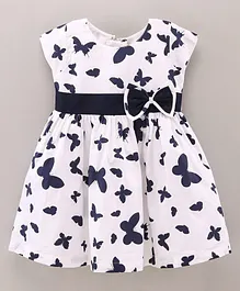 Rassha Cap Sleeves Butterfly Printed Pleated Dress With Bow Applique - White
