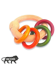Geltoy Wooden Hand Crafted Ring Rattle For Kids Babies Infants Non Toxic Finished Natural Beech & Ivory Wood - Multicolour 