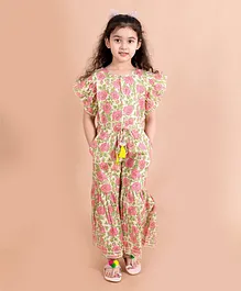 LIL PITAARA Half Sleeves Ethnic Floral Motif Print Jumpsuit - Cream