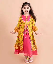 LIL PITAARA Three Fourth Sleeves Printed Ethnic Gown With Floral Printed Jacket - Pink Yellow