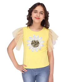 Cutecumber Half Sleeves Flower Shaped Sequin Patch Embellished Top - Yellow