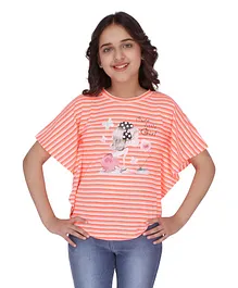 Cutecumber Half Sleeves Striped And Girl Print Top - Orange