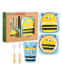 FunBlast Bee Theme Bamboo Fiber Tableware Feeding Set Plate Bowl Cup Fork and Spoon Pack of 5 (Colour & Print May Vary)
