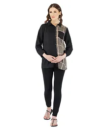 Momsoon Three Fourth Sleeves Checks And Solid Mix And Match Print Maternity Shirt - Black