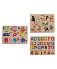 MINDMAKER  Wooden Animals, Alphabets, Shapes  Puzzle with Knobs Educational and Learning Toy for Kids