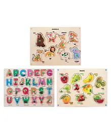 Mindmaker Alphabets Animals & Fruits Wooden Puzzle With Knobs Multicolor- 44 Pieces 