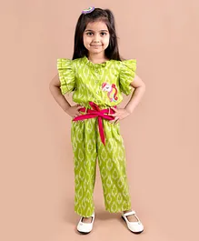 Pspeaches Frill Sleevees Unicorn Patch Ikat Detail Jumpsuit - Green
