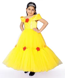 Indian Tutu Cold Shoulder Sleeves Rosette Embellished Party Gown - Yellow