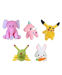 Deals India Caterpillar Elephant Unicorn Pikachu and Rabbit with Carrot Soft Toys Pack of 5 Multicolour - Height 26 cm