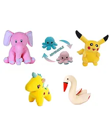 Deals India Elephant Unicorn Octopus Swan Pikachu Soft Toys Pack of 5 Multicolour - Height 26 cm