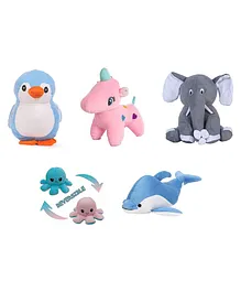 Deals India Elephant Unicorn Octopus Penguin Dolphin Soft Toys Pack of 5 Multicolour - Height 26 cm