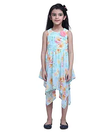 Creative Kids Sleeveless Floral Printed Dress - Turquoise & Pink