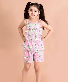 Pspeaches Sleeveless Butterfly & Flower Printed Night Suit - Pink