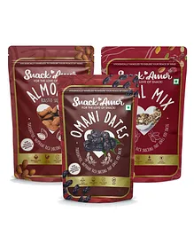 SnackAmor Combo Pack of  Premium International Omani Dates 250g Roasted Salted Almond 170g Trail Mix 175g