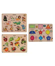 MINDMAKER Animals Fruits Shapes Wooden Knob & Peg Puzzle - 27 Pieces