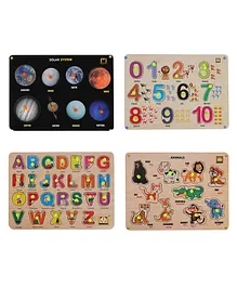 MINDMAKER Solar System Alphabets Animals Number Wooden Knob & Peg Puzzle - 52 Pieces