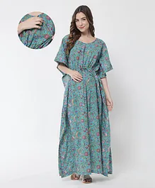 Aujjessa Batwing Sleeves Floral Printed Kaftan Style Maternity Dress - Blue