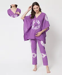 Aujjessa Batwing Sleeves Tie And Dye Print Kaftan Style Maternity Night Suit - Purple