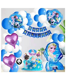 CAMARILLA Frozen Happy Birthday Garland Combo Frozen Banner Foil Set Metallic Balloons Topper Arch Glue Dot Princess Elsa Birthday Decorations Theme Party Blue & White - Pack of 53