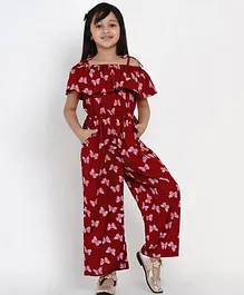 Bitiya By Bhama Cold Shoulder Half Sleeves Seamless Butterfly Printed Jumpsuit With Side Pockets - Maroon