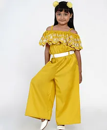 Bitiya By Bhama Cold Shoulder Half Sleeves Placement Embroidered Jumpsuit With Side Pockets -Mustard Yellow