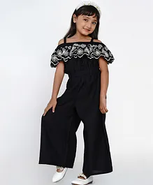 Bitiya By Bhama Cold Shoulder Half Sleeve Placement Embroidered JUmpsuit With Side Pockets - Black
