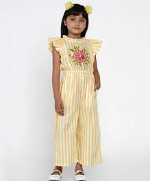 Bitiya By Bhama Cap Sleeves Flounce Yoke Placement Floral Embroidered & Striped Jumpsuit - Yellow