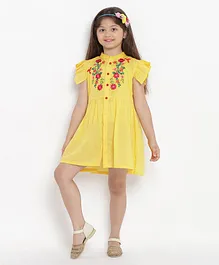 Bitiya By Bhama Cap Sleeves Floral Embroidered Yoke Dress - Yellow