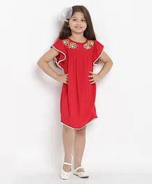 Bitiya By Bhama Short Flutter Sleeves Pom Pom Lace & Floral Embroidery Detailing Wrinkled Dress - Red