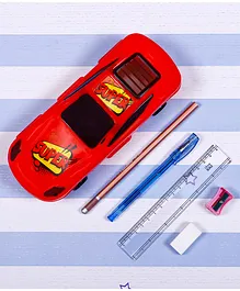 TuffChamps Car Shaped Movable Pencil Box with Stationery Set - Red