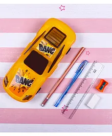 TuffChamps Car Shaped Movable Pencil Box with Stationery Set - Yellow