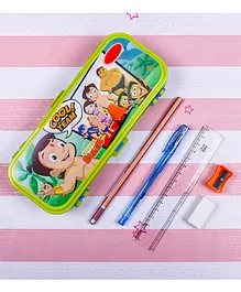 TuffChamps Chota Bheem Themed Dual Sided Pencil Box with Stationery - Green and Blue