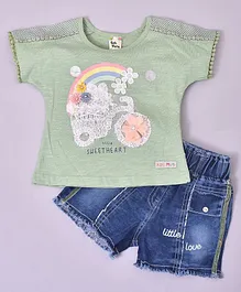 KETIMINI Short Sleeves Floral Embellished And Bicycle Embroidery Detail Top With Denim Shorts - Green