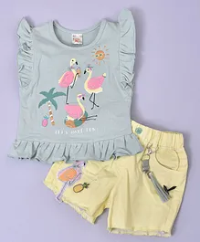 KETIMINI Frill Sleeves Flamingos Printed Top With Flamingo Patch Detail Shorts - Green