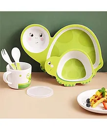Cartoon Animal Turtle Bamboo Fiber Dinnerware Plate And Bowl Set For Kids Toddler Plate Bowl Cup Spoon Fork Eco Friendly Non Toxic Self Feeding Baby Utensil Set of 5 Pcs - Green