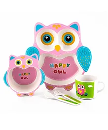 VELLIQUE Cartoon Animal Owl Bamboo Fiber Dinnerware Plate and Bowl Set for Kids Toddler Plate Bowl Cup Spoon Fork Eco Friendly Non Toxic Self Feeding Baby Utensil Set of 5 Pcs - Multicolor